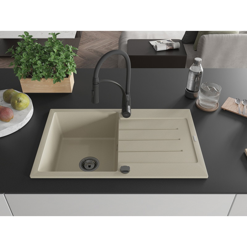 Mexen Bruno Granitspüle einteilig mit Abtropffläche und Küchenarmatur Aster, beige - 6513-69-73450-70-B