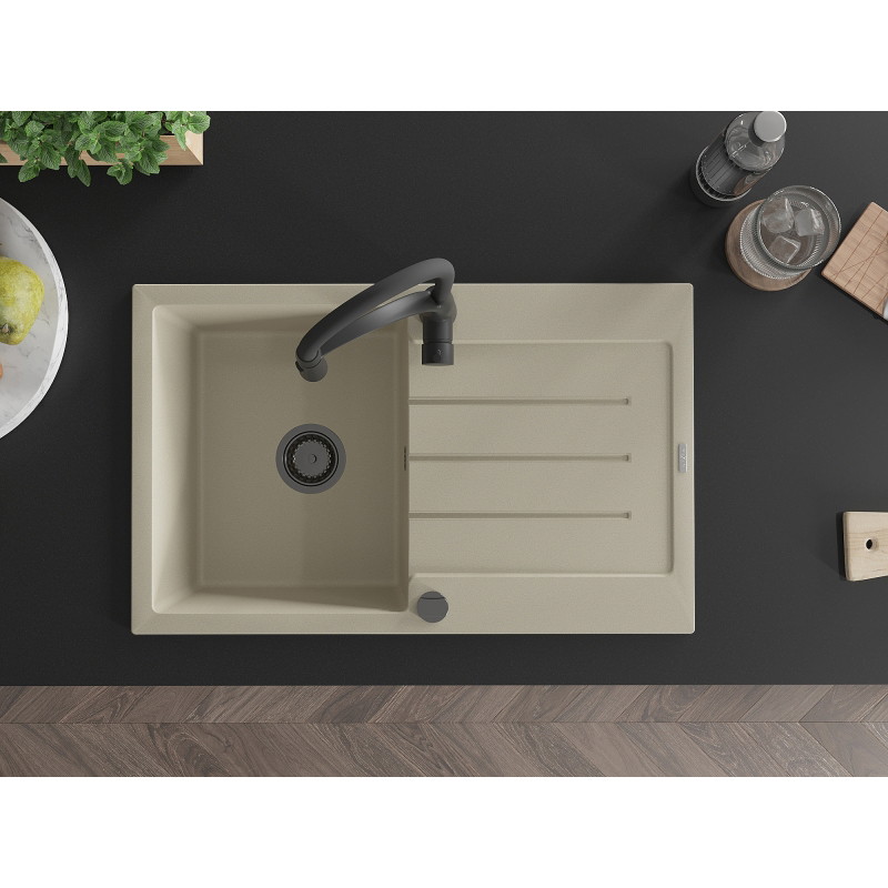 Mexen Bruno Granitspüle 1-Becken mit Abtropffläche und Küchenarmatur Aster, beige - 6513-69-73450-70-B