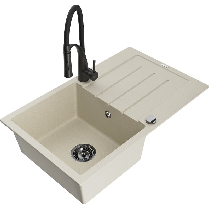Mexen Bruno 1-bowl granite kitchen sink with drainer and kitchen faucet Aster, beige - 6513-69-73450-70-B