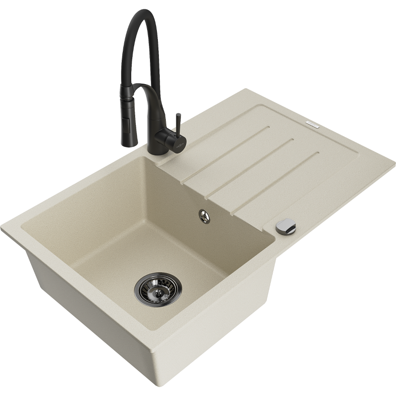Mexen Bruno granitdiskbänk 1-fack med avrinning och kökskran Aster, beige - 6513-69-73450-70-B