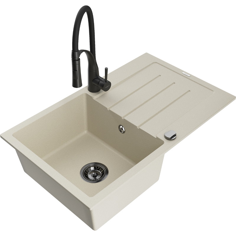 Mexen Bruno Granitspüle einteilig mit Abtropffläche und Küchenarmatur Aster, beige - 6513-69-73450-70-B