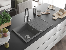 Mexen Bruno Granitspüle 1-Becken mit Abtropffläche und Küchenarmatur Aster, grau - 6513-71-73450-07