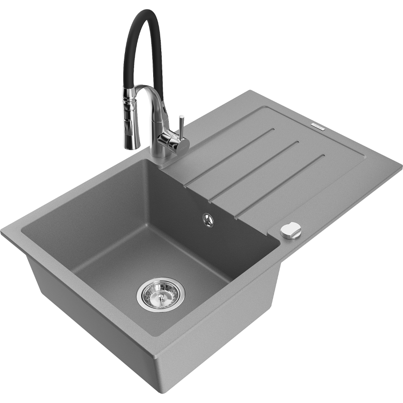 Mexen Bruno granite sink 1-bowl with drainer and Aster kitchen tap, grey - 6513-71-73450-07