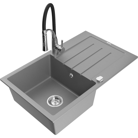 Mexen Bruno granite sink 1-bowl with drainer and Aster kitchen tap, grey - 6513-71-73450-07