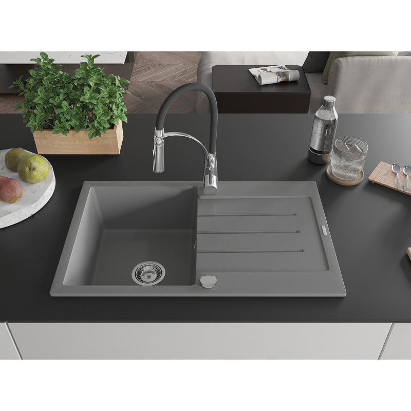 Mexen Bruno granite sink 1-bowl with drainer and Aster kitchen tap, grey - 6513-71-73450-07