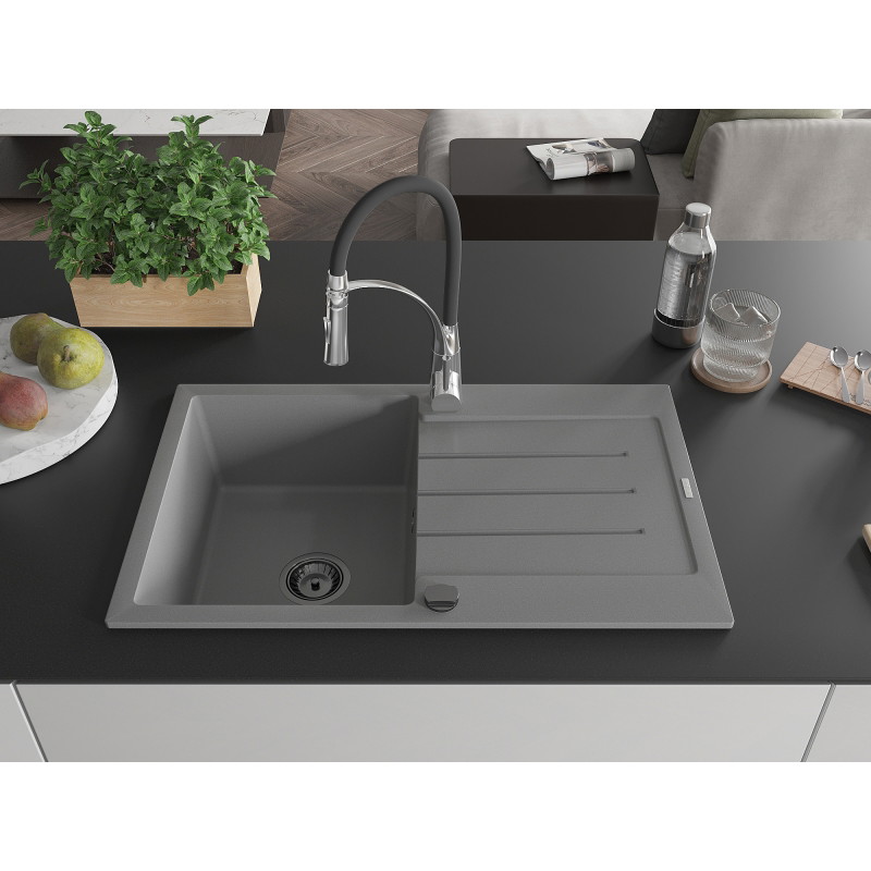 Mexen Bruno fregadero de granito de 1 seno con escurridor y grifo de cocina Aster, gris - 6513-71-73450-07-B