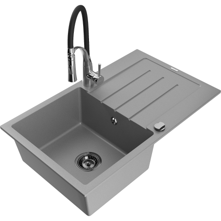 Mexen Bruno granitizlietne ar vienu nodalījumu ar noteces daļu un virtuves krānu Aster, pelēks - 6513-71-73450-07-B