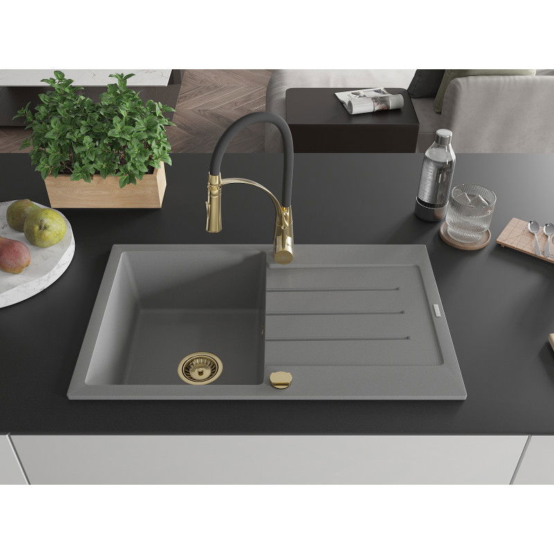 Mexen Bruno fregadero de granito de 1 cubeta con escurridor y grifo de cocina Aster, gris - 6513-71-73450-57-G