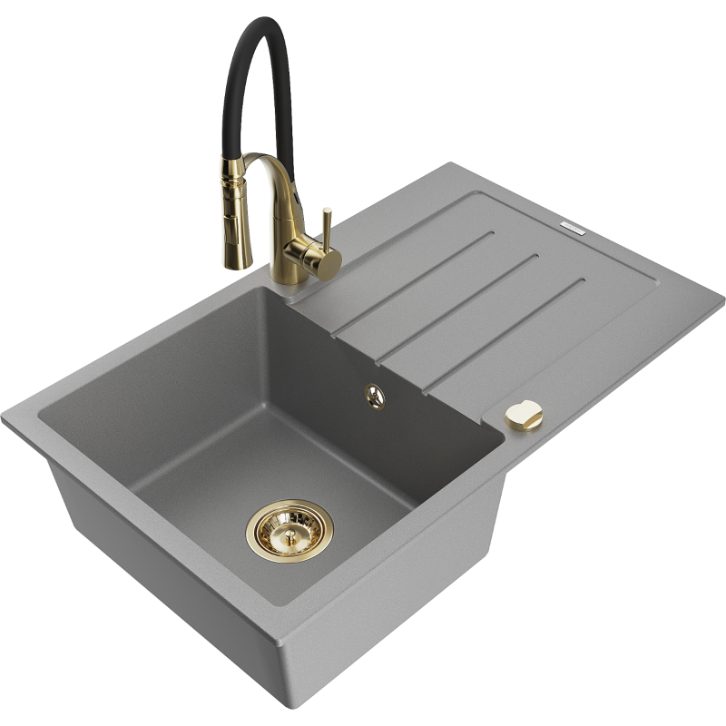 Mexen Bruno 1-bowl granite sink with drainer and Aster kitchen tap, grey - 6513-71-73450-57-G