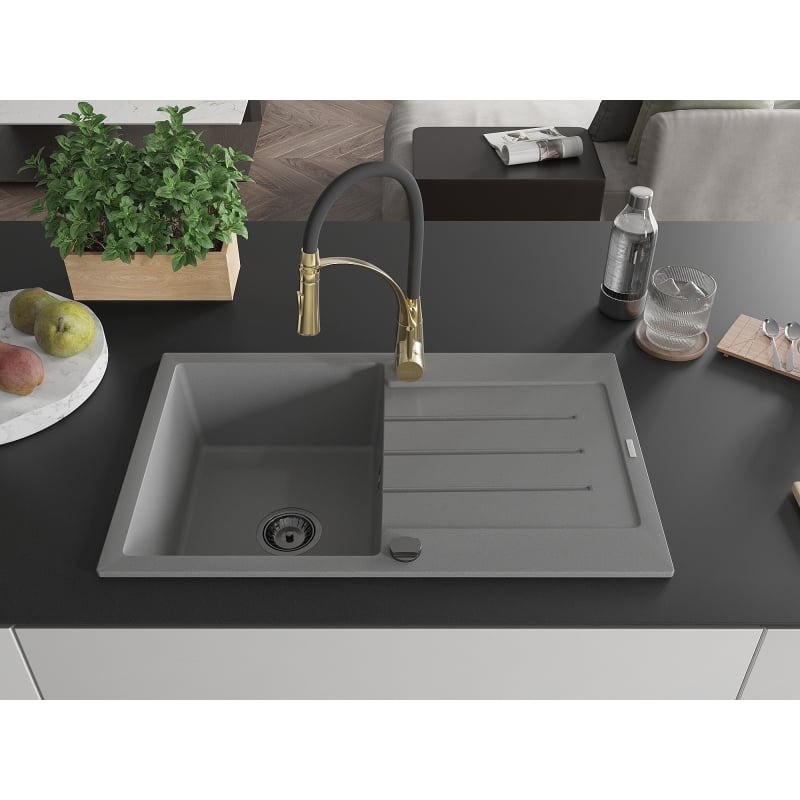 Mexen Bruno 1-bowl granite sink with drainer and Aster kitchen faucet, gray - 6513-71-73450-57-B