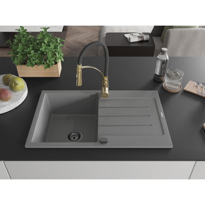 Mexen Bruno Granitspüle 1-Becken mit Abtropffläche und Küchenarmatur Aster, grau - 6513-71-73450-57-B