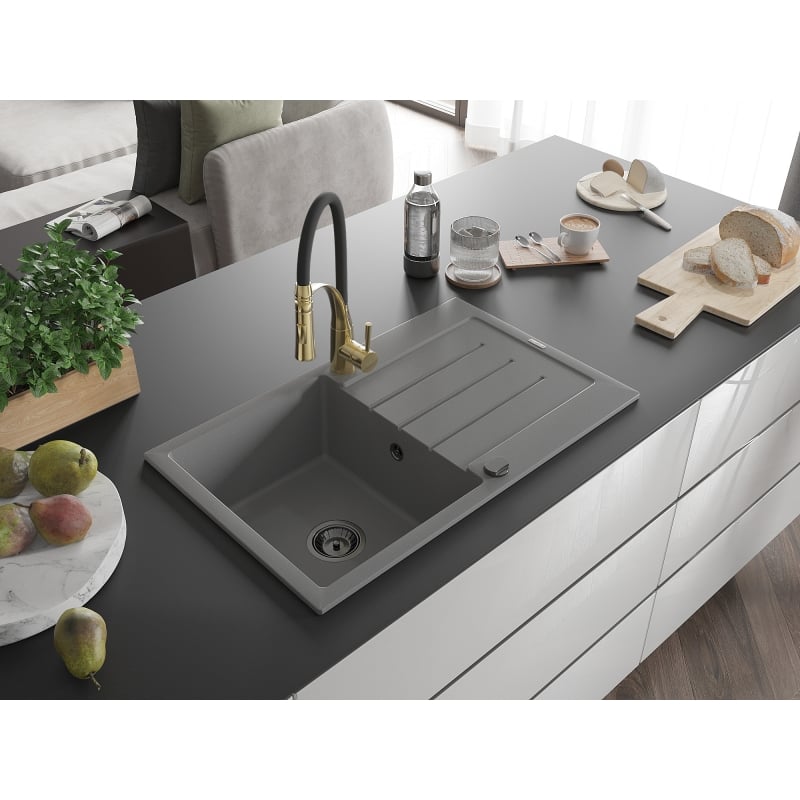 Mexen Bruno 1-bowl granite sink with drainer and Aster kitchen faucet, gray - 6513-71-73450-57-B