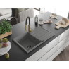 Mexen Bruno Granitspüle 1-Becken mit Abtropffläche und Küchenarmatur Aster, grau - 6513-71-73450-57-B
