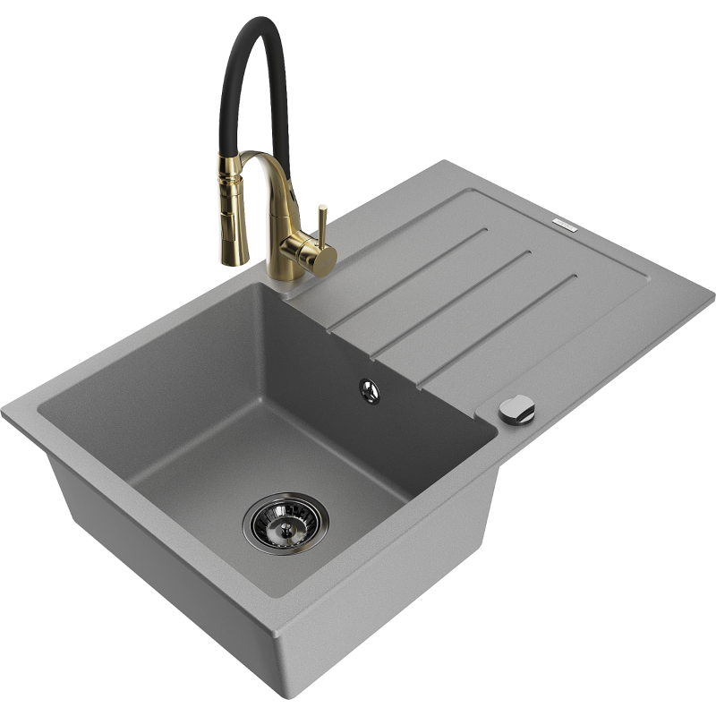 Mexen Bruno 1-beckiges Granitspülbecken mit Abtropffläche und Küchenarmatur Aster, grau - 6513-71-73450-57-B