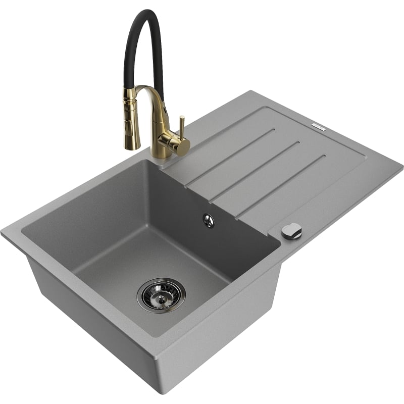 Mexen Bruno 1-bowl granite sink with drainer and Aster kitchen faucet, gray - 6513-71-73450-57-B
