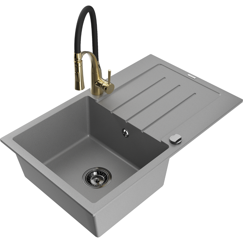 Mexen Bruno granit izlietne ar 1 nodalījumu, notecēs un virtuves bateriju Aster, pelēka - 6513-71-73450-57-B