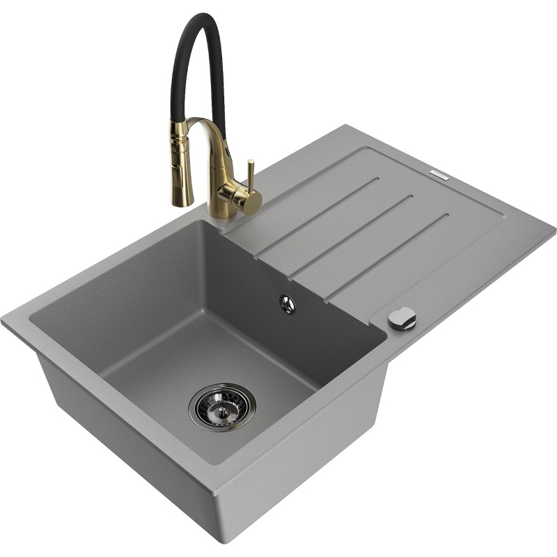 Mexen Bruno granitische spoelbak 1-komorige met afdruiprek en keukenkraan Aster, grijs - 6513-71-73450-57-B