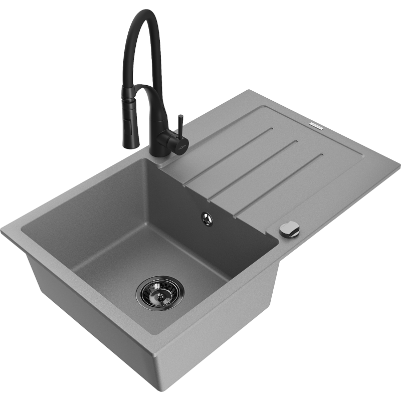 Mexen Bruno fregadero de granito de 1 cubeta con escurridor y grifo de cocina Aster, gris - 6513-71-73450-70-B