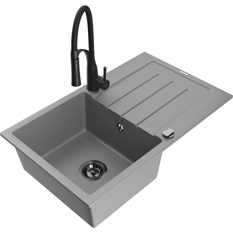Mexen Bruno granitische spoelbak 1-kamer met afdruiprek en keukenkraan Aster, grijs - 6513-71-73450-70-B