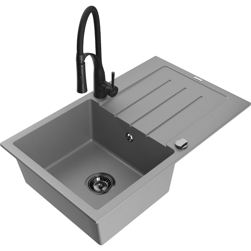 Mexen Bruno single-bowl granite sink with drainer and Aster kitchen tap, grey - 6513-71-73450-70-B