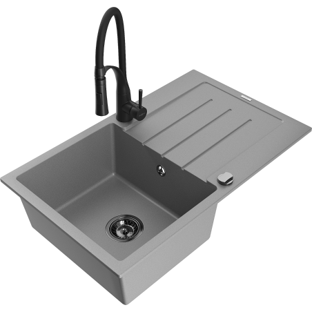 Mexen Bruno fregadero de granito de 1 cubeta con escurridor y grifo de cocina Aster, gris - 6513-71-73450-70-B