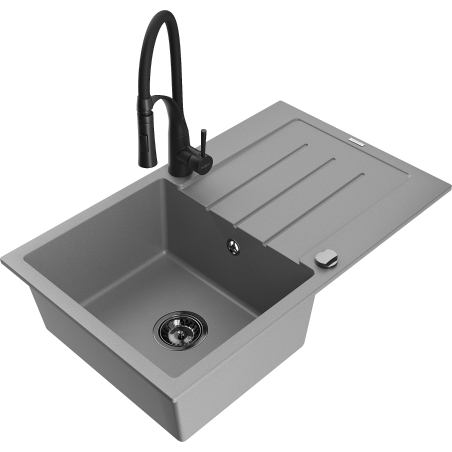 Mexen Bruno single-bowl granite sink with drainer and Aster kitchen tap, grey - 6513-71-73450-70-B