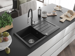 Mexen Bruno Granitspüle 1-Becken mit Abtropffläche und Küchenarmatur Aster, schwarz/silber metallic - 6513-73-73450-07