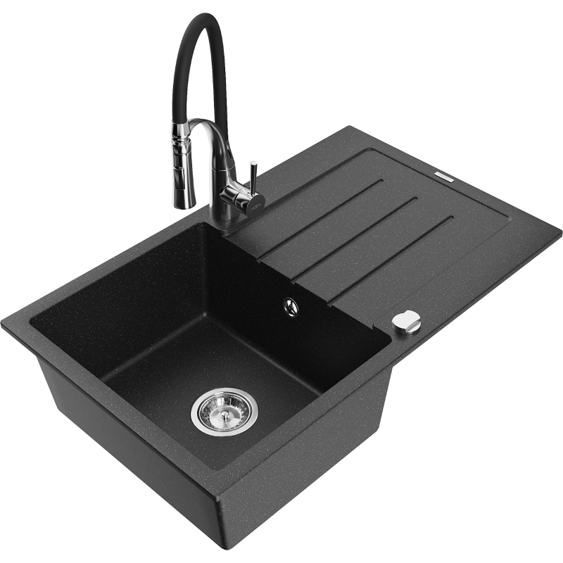Mexen Bruno granite sink 1-bowl with drainer and Aster kitchen tap, black/silver metallic - 6513-73-73450-07