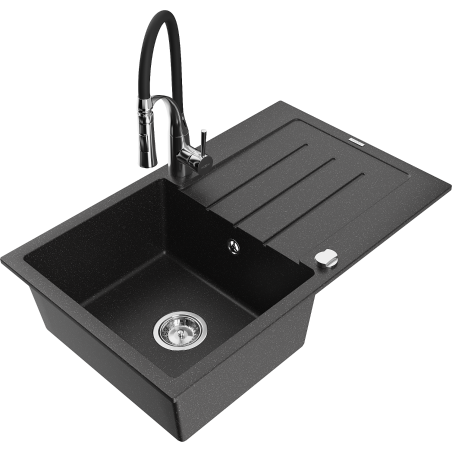Mexen Bruno granieten gootsteen 1-komorige met afdruiprek en keukenmengkraan Aster, zwart/zilver metallic - 6513-73-73450-07