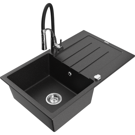 Mexen Bruno granite sink 1-bowl with drainer and Aster kitchen tap, black/silver metallic - 6513-73-73450-07