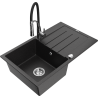 Mexen Bruno granite sink 1-bowl with drainer and Aster kitchen tap, black/silver metallic - 6513-73-73450-07