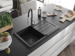 Mexen Bruno Einbauspüle aus Granit mit 1 Becken und Abtropffläche, mit Küchenarmatur Aster, schwarz/silber metallic - 6513-73-7?