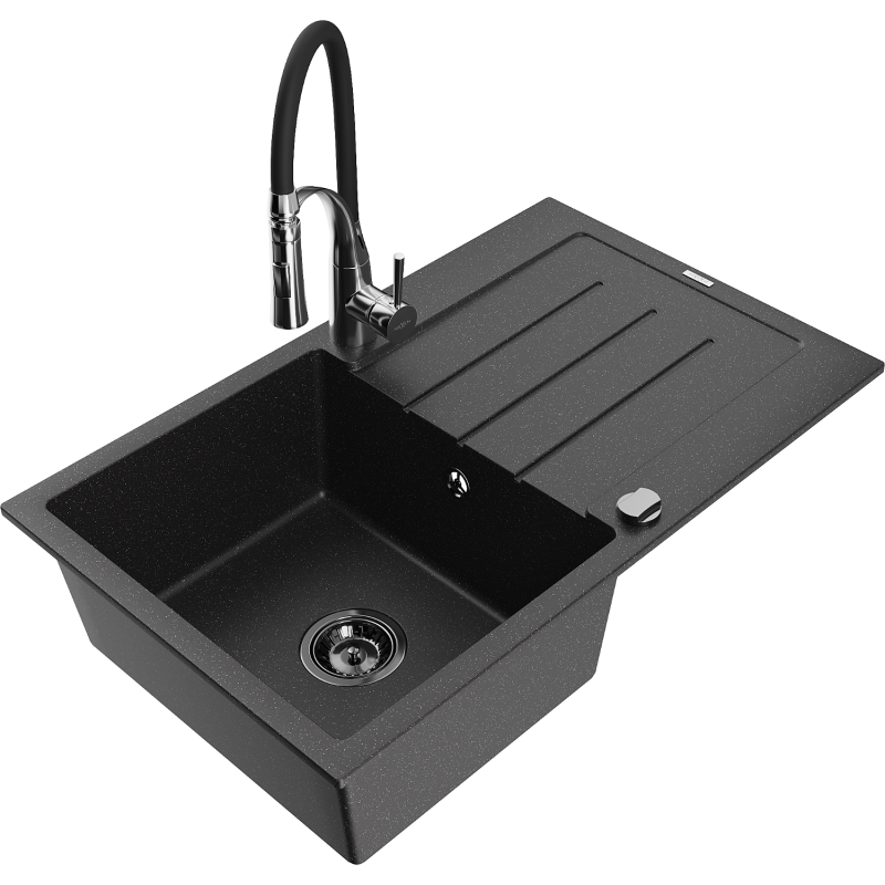 Mexen Bruno granite sink 1-bowl with drainer and Aster kitchen tap, black/silver metallic - 6513-73-73450-07-B