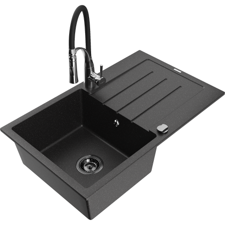 Mexen Bruno granite sink 1-bowl with drainer and Aster kitchen tap, black/silver metallic - 6513-73-73450-07-B