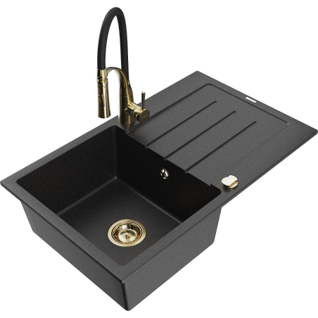 Mexen Bruno granite sink 1-bowl with drainer and Aster kitchen tap, black/silver metallic - 6513-73-73450-57-G