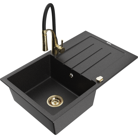 Mexen Bruno Granitspüle 1-Becken mit Abtropffläche und Küchenarmatur Aster, schwarz/silber Metallic - 6513-73-73450-57-G
