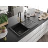 Mexen Bruno fregadero de granito de 1 compartimento con escurridor y grifo de cocina Aster, negro/plata metálico