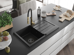 Mexen Bruno 1-Kammer Granitspüle mit Abtropffläche und Küchenarmatur Aster, schwarz/silber metallic - 6513-73-73450-57-B