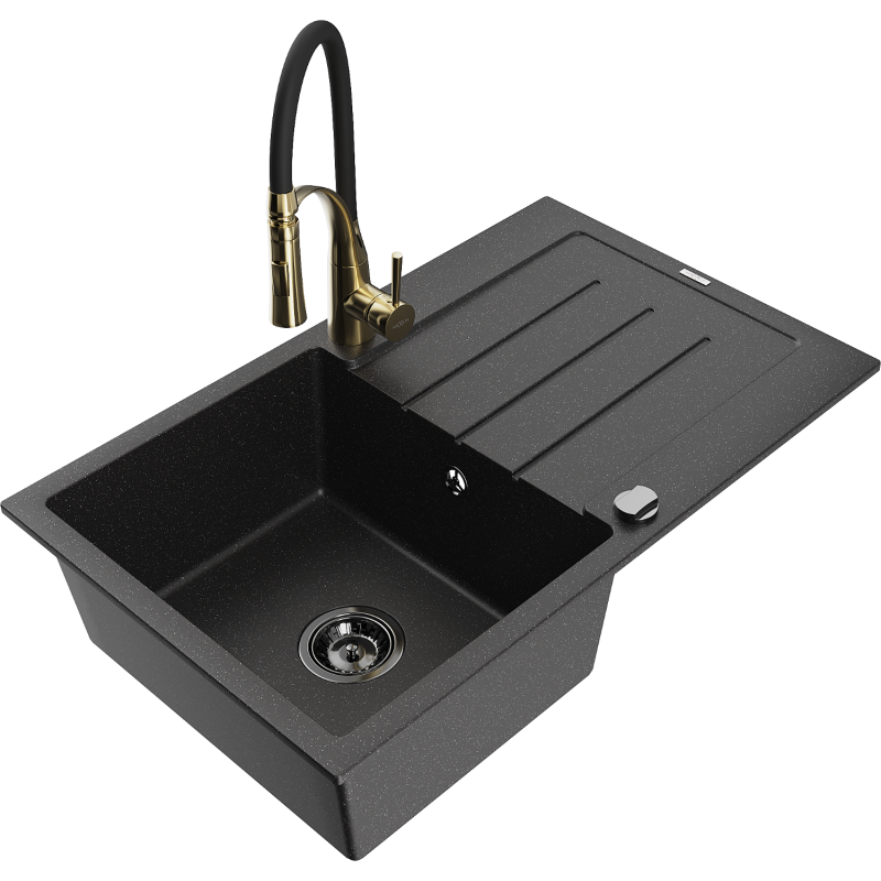 Mexen Bruno granieten spoelbak 1-kompartiment met afdruiprek en Astér keukenkraan, zwart/zilveren metallic - 6513-73-73450-57-B