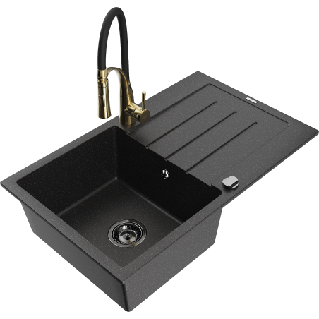 Mexen Bruno fregadero de granito de 1 compartimento con escurridor y grifo de cocina Aster, negro/plata metálico