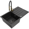 Mexen Bruno fregadero de granito de 1 compartimento con escurridor y grifo de cocina Aster, negro/plata metálico