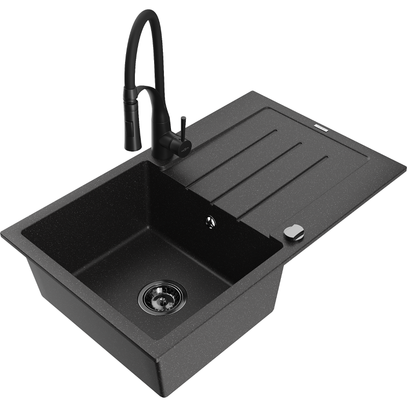 Mexen Bruno Granitspüle 1-beckig mit Abtropffläche und Küchenarmatur Aster, schwarz/silber metallic - 6513-73-73450-70-B
