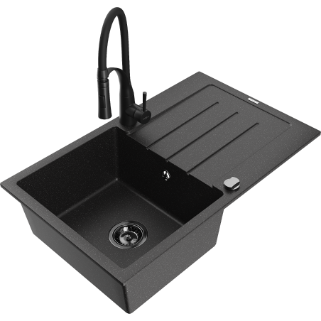 Mexen Bruno granieten gootsteen 1-komor met afdruiprek en keukenmengkraan Aster, zwart/zilver metallic - 6513-73-73450-70-B