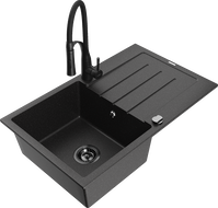 Mexen Bruno Granitspüle 1-beckig mit Abtropffläche und Küchenarmatur Aster, schwarz/silber metallic - 6513-73-73450-70-B