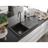 Mexen Bruno 1-bowl granite sink with drainer and kitchen faucet Aster, black/golden metallic - 6513-75-73450-07