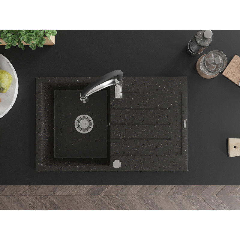 Mexen Bruno granieten gootsteen met 1 kom, afdruiprek en keukenmengkraan Aster, zwart/goud metallic - 6513-75-73450-07
