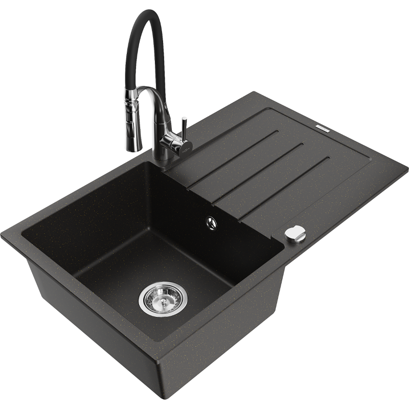 Mexen Bruno fregadero de granito de 1 cubeta con escurridor y grifo de cocina Aster, negro/dorado metálico - 6513-75-73450-07