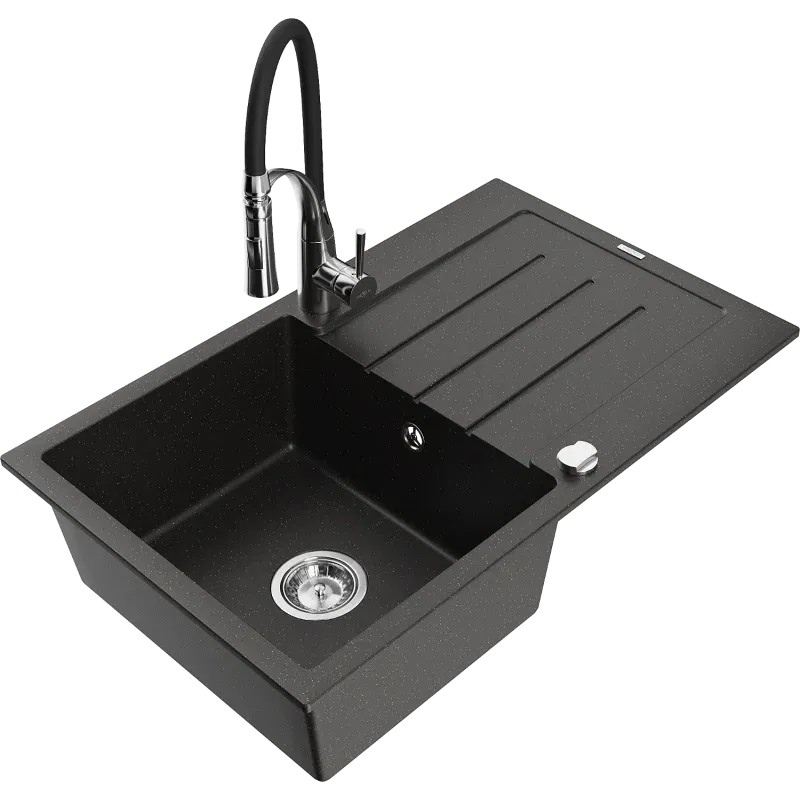 Mexen Bruno granite 1-bowl sink with drainer and Aster kitchen tap, black/gold metallic - 6513-75-73450-07