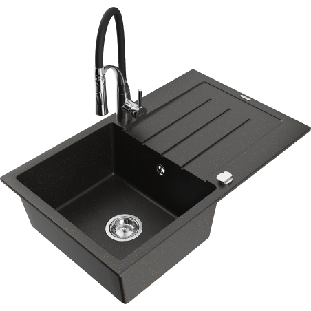 Mexen Bruno fregadero de granito de 1 cubeta con escurridor y grifo de cocina Aster, negro/dorado metálico - 6513-75-73450-07