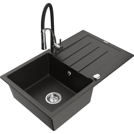 Mexen Bruno granite 1-bowl sink with drainer and Aster kitchen tap, black/gold metallic - 6513-75-73450-07